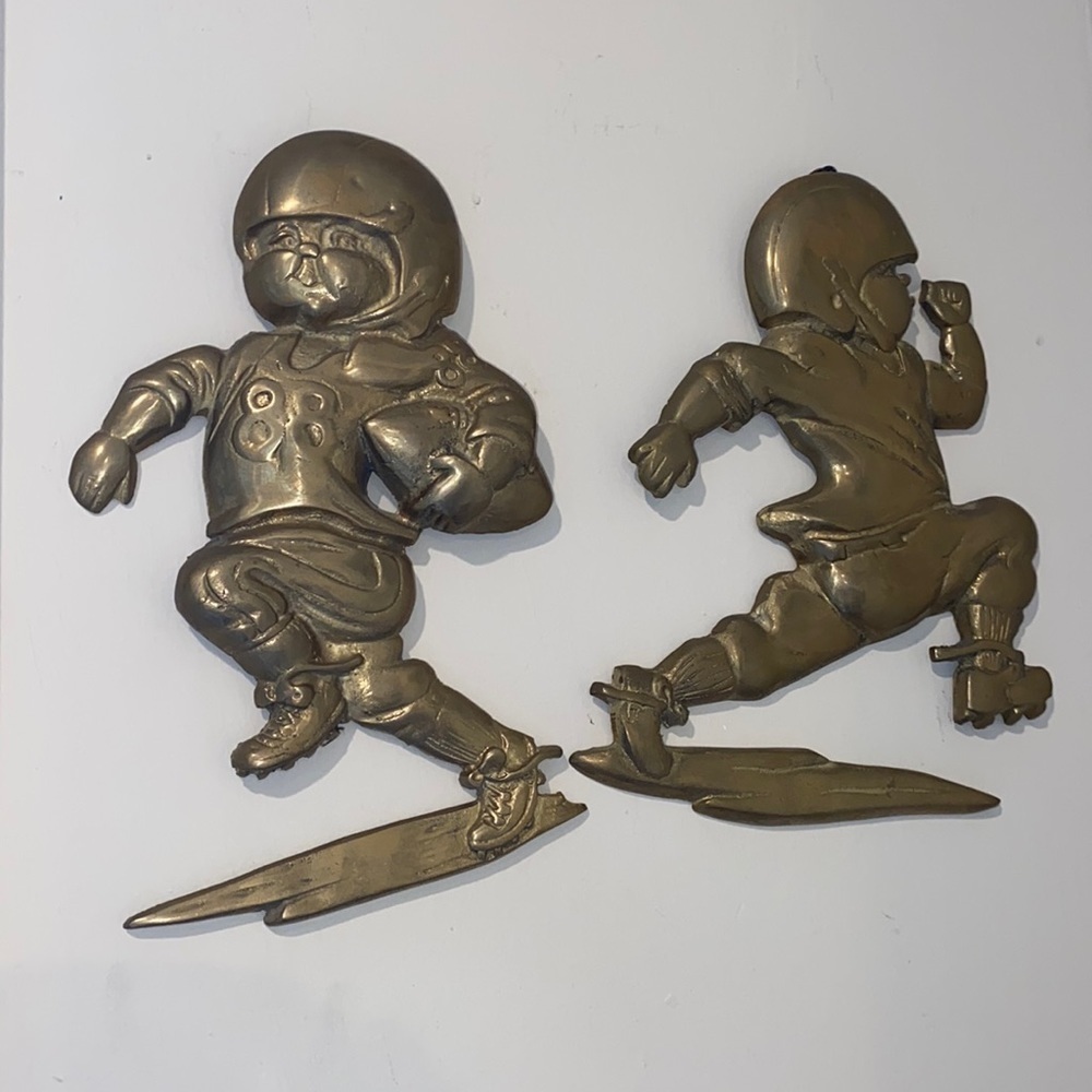 Brass football players wall decor vintage patina set‎ of 2